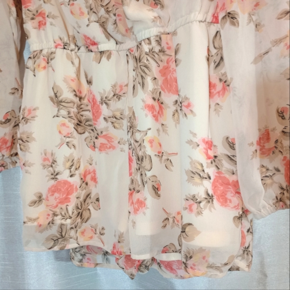 Wet Seal Vintage Romper, Long Sleeve Orange/Ivory/Green See thru Floral, L - Picture 11 of 13